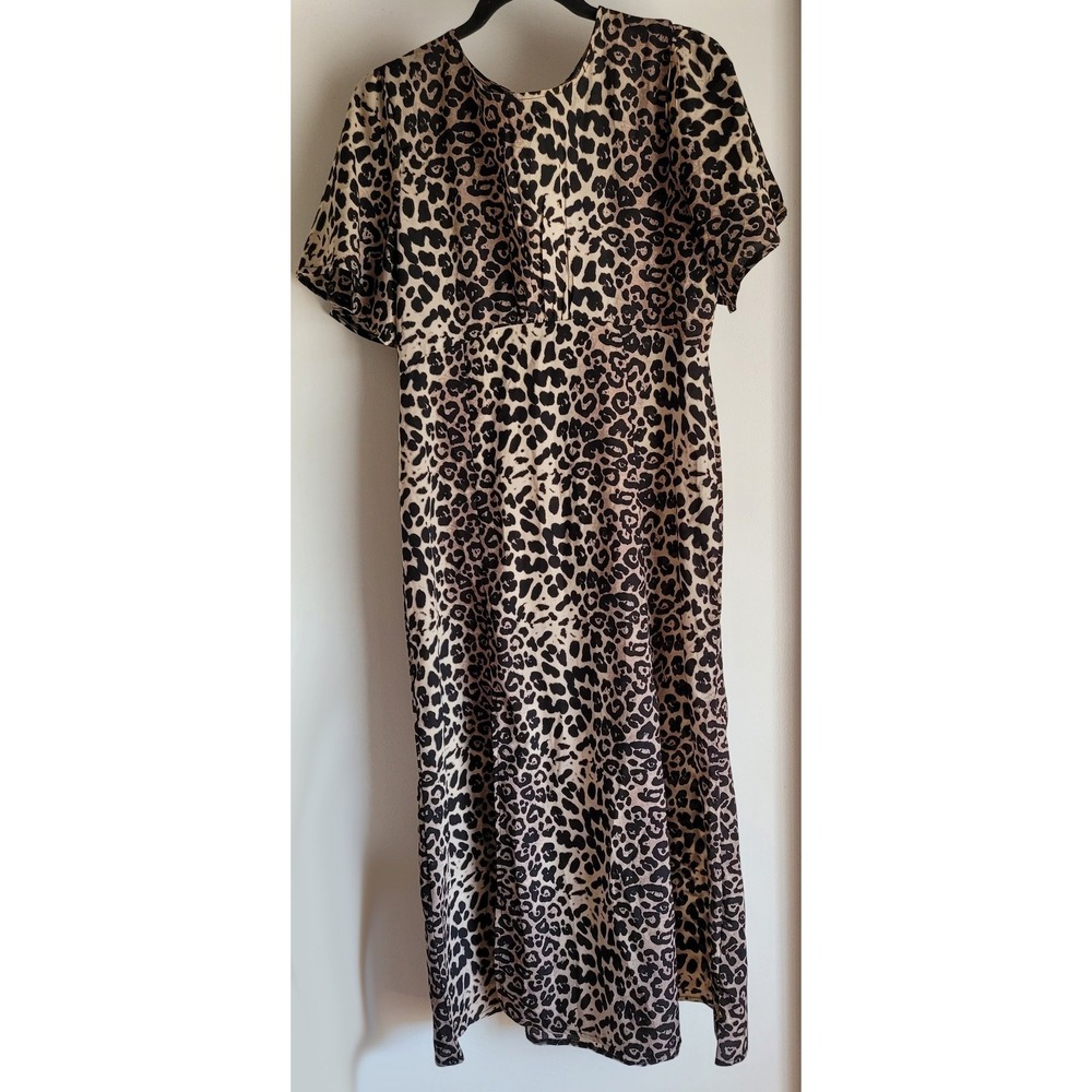 Missguided Maxi Dress Size 8 Leopard Print Brown Black Short Sleeve Round Neck